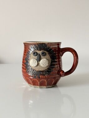 Vintage Lion Mug Whimsical Face and Tail Handle Made in Japan Stoneware Pottery